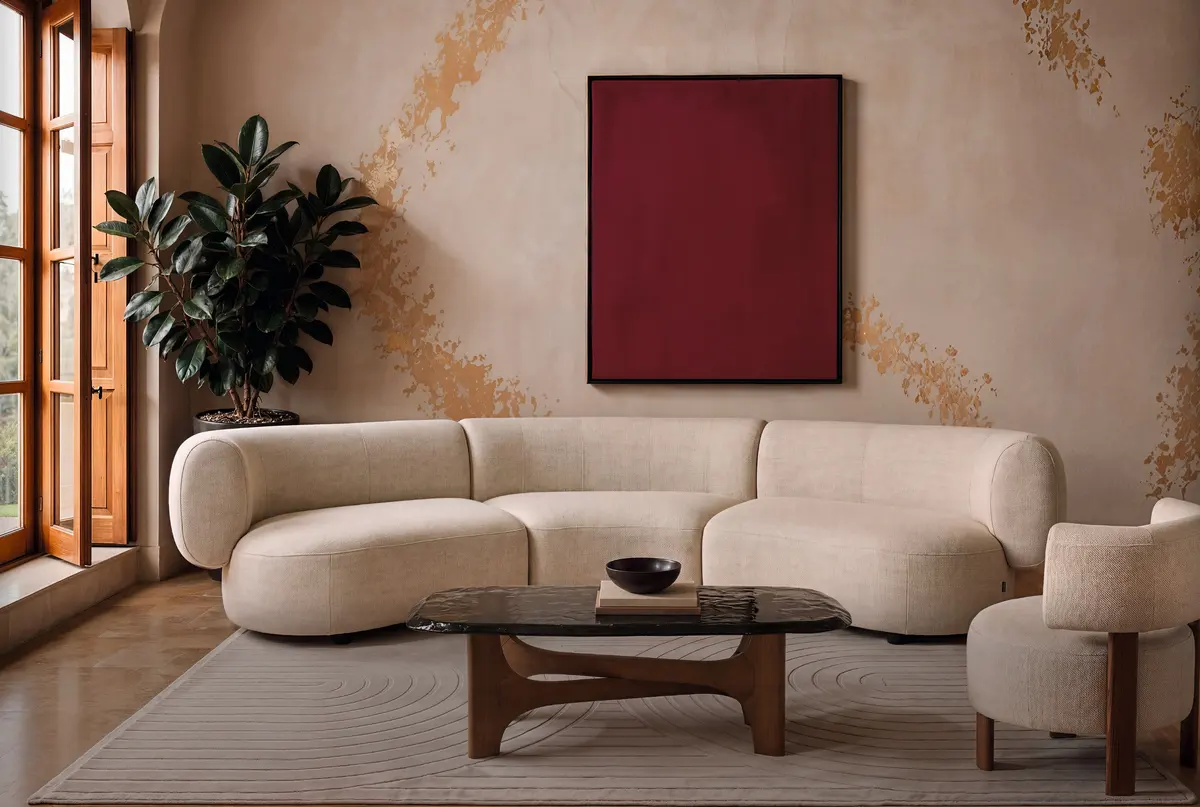 Divano curvo in bouclé con tavolino in noce, soggiorno di design italiano
